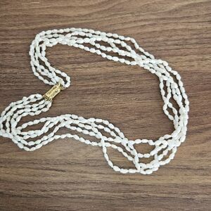 Vintage Five Strand freshwater Pearl necklace White Natural Rice gold Box Clasp
